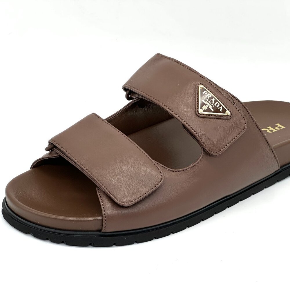 PRADA Triangle Logo Double Band Leather Flat Slide Dad Sandals Shoes Cacao - Picture 6 of 16